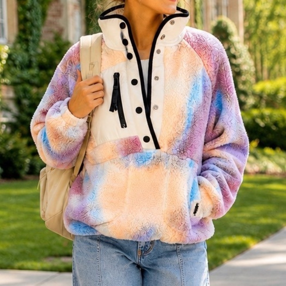 Free People Movement Hit The Slopes Printed Fleece Pullover Peach Combo S NEW B1